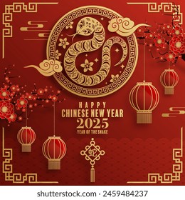 Happy chinese new year 2025  the snake zodiac sign with flower,lantern,pattern,cloud asian elements red,gold  paper cut style on color background. (Translation : happy new year 2025 year of the snake)