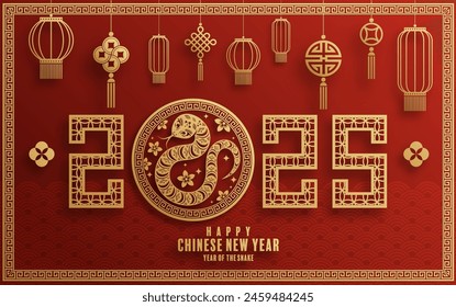 Happy chinese new year 2025  the snake zodiac sign with flower,lantern,pattern,cloud asian elements red,gold  paper cut style on color background. (Translation : happy new year 2025 year of the snake)