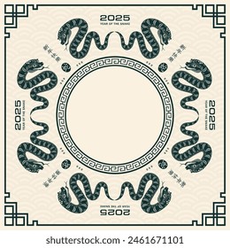 Happy Chinese new year 2025 Zodiac sign, year of the Snake, with green paper cut art and craft style on color background (Chinese Translation : happy new year 2025, year of the Snake)