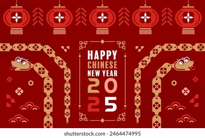 Happy chinese new year 2025 the snake zodiac sign with minimal trendy design modern flat geometric elements red paper cut style on color background. 