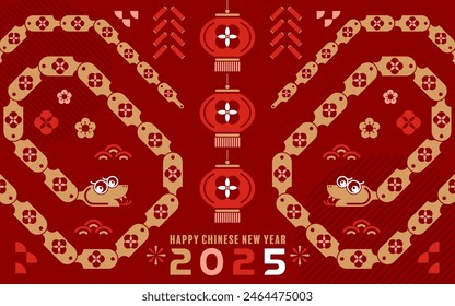 Happy chinese new year 2025 the snake zodiac sign with minimal trendy design modern flat geometric elements red paper cut style on color background. 