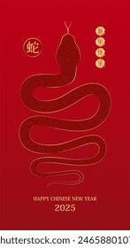 Feliz Año Nuevo Chino 2025. Zodiaco de serpiente sobre fondo rojo para diseño de tarjeta. China animal calendario lunar. Traducción feliz año nuevo 2025, año de la serpiente. Vector EPS10.