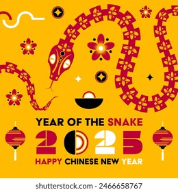 Happy Chinese new year 2025 Snake Zodiac sign, modern flat art design set in red, yellow and white colors (Chinese Translation: happy new year 2025, year of Snake)