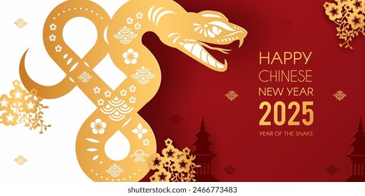 Happy Chinese New Year 2025 with Snake zodiac sign and flowers. Lunar new year card template. Gold paper cut style on red and white background.