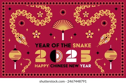 Happy Chinese new year 2025 Snake Zodiac sign, modern flat art design set in red, gold and white colors (Chinese Translation: happy new year 2025, year of Snake)