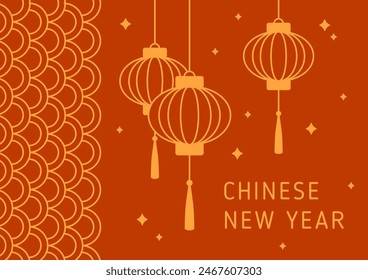 Happy Chinese New Year 2025, card design with oriental lanterns. Festive CNY background, horizontal China lunar postcard design. Asian traditional backdrop with lamps. Flat vector illustration