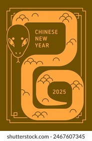 Happy Chinese New Year 2025, card design. Lunar holiday poster with gold snake symbol, China mascot. Asian oriental festive background, vertical CNY postcard. Eastern flat vector illustration