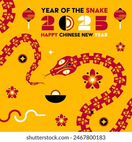 Happy Chinese new year 2025 Snake Zodiac sign, modern flat art design set in red, yellow and white colors (Chinese Translation: happy new year 2025, year of Snake)