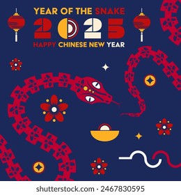Happy Chinese new year 2025 Snake Zodiac sign, modern flat art design set in blue, gold and red colors (Chinese Translation: happy new year 2025, year of Snake)
