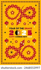 Happy Chinese new year 2025 Snake Zodiac sign, modern flat art design set in red, yellow and white colors (Chinese Translation: happy new year 2025, year of Snake)