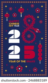 Happy Chinese new year 2025 Snake Zodiac sign, modern flat art design set in blue, gold and red colors (Chinese Translation: happy new year 2025, year of Snake)