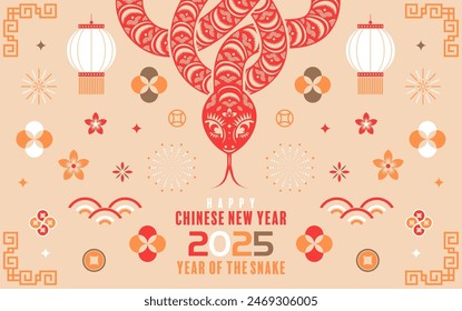 Happy chinese new year 2025  the snake zodiac sign with flower,lantern,pattern,cloud asian elements flat design style on color background. (Translation : happy new year 2025 year of the snake)