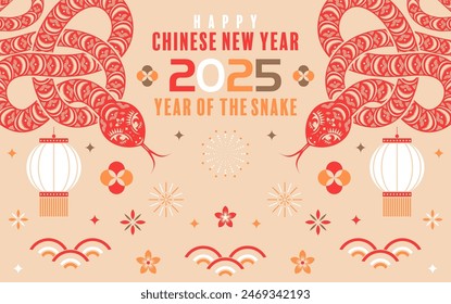 Happy chinese new year 2025  the snake zodiac sign with flower,lantern,pattern,cloud asian elements flat design style on color background. (Translation : happy new year 2025 year of the snake)