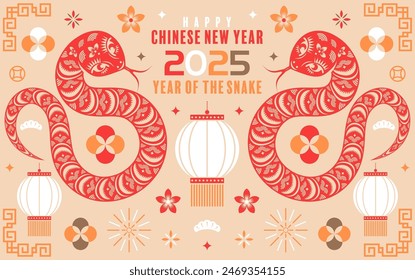 Happy chinese new year 2025  the snake zodiac sign with flower,lantern,pattern,cloud asian elements flat design style on color background. (Translation : happy new year 2025 year of the snake)