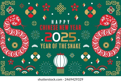 Happy chinese new year 2025  the snake zodiac sign with flower,lantern,pattern,cloud asian elements flat design style on color background. (Translation : happy new year 2025 year of the snake)