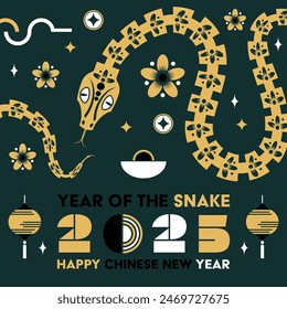 Happy Chinese new year 2025 Snake Zodiac sign, modern flat art design set in green, yellow and white colors (Chinese Translation: happy new year 2025, year of Snake)