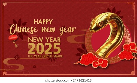 Happy chinese new year 2025, the year of the snake, red and gold color background. 