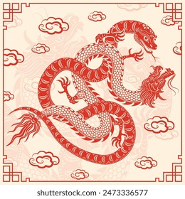 Happy Chinese new year 2025 Zodiac sign, year of the Snake, with red paper cut art and craft style on cream color background (Chinese Translation : happy new year 2025, year of the Snake)