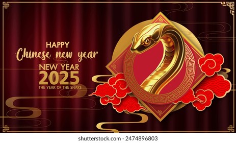 Happy chinese new year 2025, the year of the snake, red curtain background.3d vector .