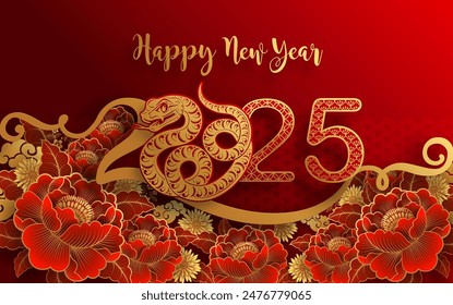 Happy chinese new year 2025 the snake zodiac sign with flower,lantern,asian elements snake logo red and gold paper cut style on color background. ( Translation : happy new year 2025 year of the snake)