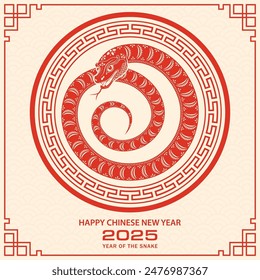 Happy Chinese new year 2025 Zodiac sign, year of the Snake, with red paper cut art and craft style on cream color background (Chinese Translation : happy new year 2025, year of the Snake)