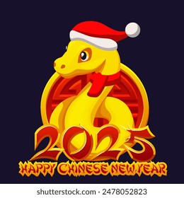 Happy Chinese New Year 2025 the snake zodiac sign. Greeting card with golden snake wearing Santa hat and Chinese Good luck symbol