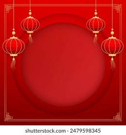 Happy Chinese new year 2025. Chinese new year banner with circle for show product. Greeting card. China frame with lantern on red background.