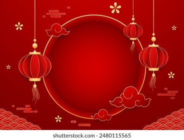 Happy Chinese new year 2025. Chinese new year banner with circle for show product. Greeting card. China frame with lantern on red background.