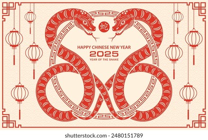 Happy Chinese new year 2025 Zodiac sign, year of the Snake, with red paper cut art and craft style on cream color background (Chinese Translation : happy new year 2025, year of the Snake)