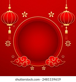 Happy Chinese new year 2025. Chinese new year banner with circle for show product. Greeting card. China frame with lantern on red background.