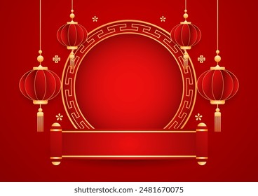 Happy Chinese new year 2025. Chinese new year banner with circle for show product. Greeting card. China frame with lantern on red background.
