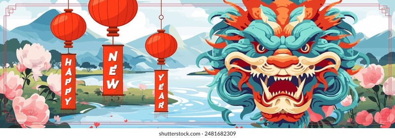 Feliz Año Nuevo Chino 2025 Anuncio de arte Horizontal. Signo del zodiaco del dragón de China. Linternas de Asia en el fondo de la naturaleza. Tarjeta de felicitación del festival asiático. Serpiente mito tradicional oriental. Tipografía eps creativa