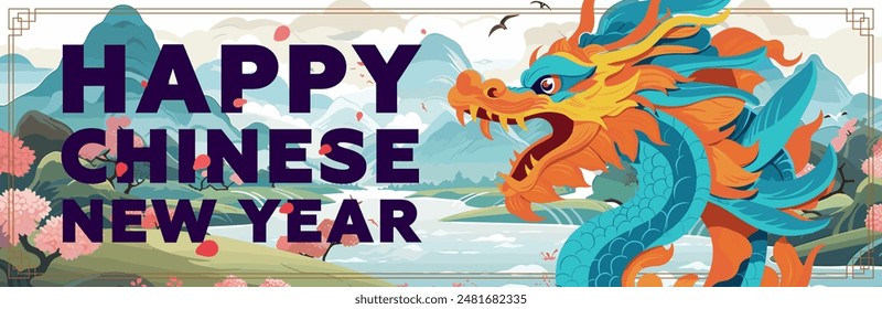 Happy Chinese New Year 2025 horizontal art banner. China mythical serpent zodiac symbol. Asian culture festival greeting card. Oriental annual traditional holiday. Asia lantern and nature typography