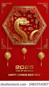 Happy Chinese new year 2025 Snake Zodiac sign, with gold paper cut art and craft style on color background (Chinese Translation: happy new year 2025, year of Snake)