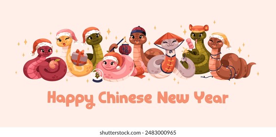 Happy Chinese New Year, 2025 holiday card. Cute snakes, CNY animal symbols, lunar kawaii mascots. Asian oriental background, banner, funny festive China design. Horizontal flat vector illustration
