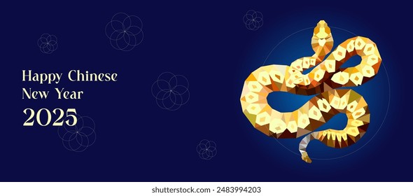 Happy Chinese new year 2025 Horizontal Banner Zodiac sign, year of the Snake, with gold paper cut art and geometric style on blue color background.