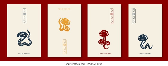 Happy Chinese New Year 2025 with Snake zodiac card template. Lunar new year sign. Paper cut style on white background. Chinese text means "Year of the Snake"