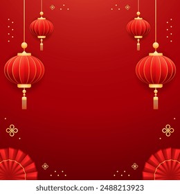 Happy Chinese new year 2025. Chinese new year banner with circle for show product. Greeting card. China frame with lantern on red background.