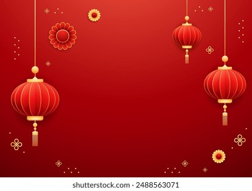 Happy Chinese new year 2025. Chinese new year banner with circle for show product. Greeting card. China frame with lantern on red background.