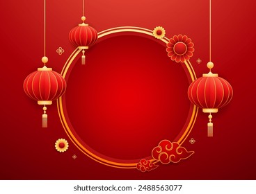 Happy Chinese new year 2025. Chinese new year banner with circle for show product. Greeting card. China frame with lantern on red background.