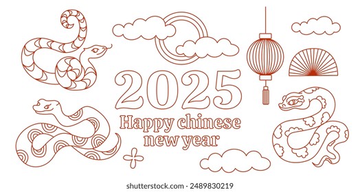 Happy Chinese new year 2025 greeting card with cute snake and gold money. Animal zodiac cartoon character. Translate: Happy new year, snake. Vector