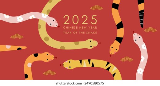 Happy Chinese new year 2025 greeting card with cute snakes.  Animal zodiac cartoon character. -Vector