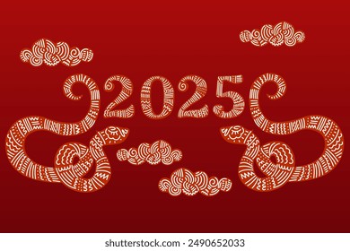 Feliz Año Nuevo Chino 2025. Zodiaco de serpiente con linternas, nube sobre fondo rojo para diseño de tarjetas. China animal calendario lunar. Traducción feliz año nuevo 2025, año de la serpiente. Vector