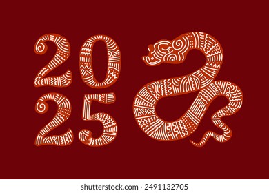 Happy Chinese New Year 2025. Snake zodiac with lanterns, cloud on red background for card design. China lunar calendar animal. Translation happy new year 2025, year of the snake. Vector