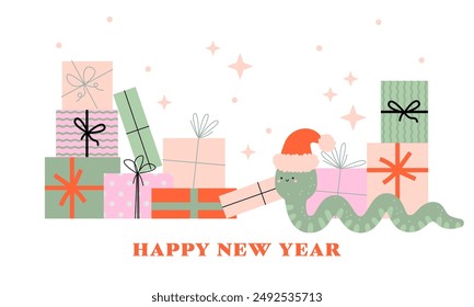 Happy Chinese new year 2025 year of the snake zodiac sign. Snake is symbol of 2025. Cute snake with Santa hat and gift boxes. Stack of colorful present gift boxes. Set of wrapped gift boxes