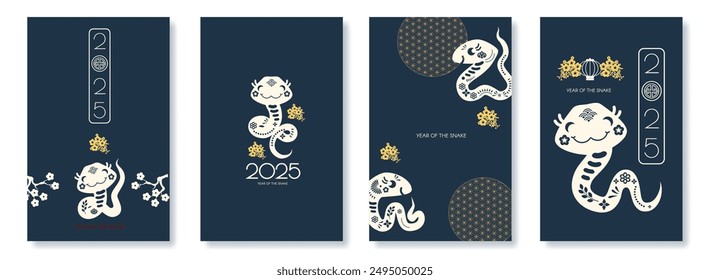 Happy Chinese New Year 2025 with Snake zodiac card template. Lunar new year sign. Paper cut style on white background. Chinese text means "Year of the Snake"