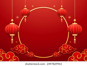 Happy Chinese new year 2025. Chinese new year banner with circle for show product. Greeting card. China frame with lantern on red background.