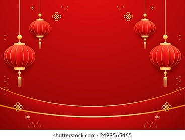 Happy Chinese new year 2025. Chinese new year banner with circle for show product. Greeting card. China frame with lantern on red background.