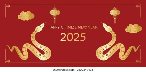 Happy Chinese New Year 2025 with golden lantern, snakes, cloud and vintage gold oriental Chinese border frames red luxury background. New Year banners, posters, newsletters. 2025 Lunar New Year