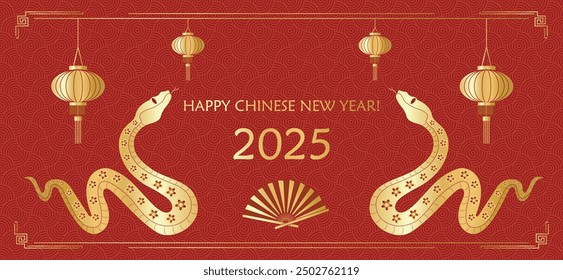 Happy Chinese New Year 2025 with golden lantern, snakes, Chinse fan and vintage gold oriental Chinese border frames red luxury background. New Year banners, posters, newsletters. 2025 Lunar New Year